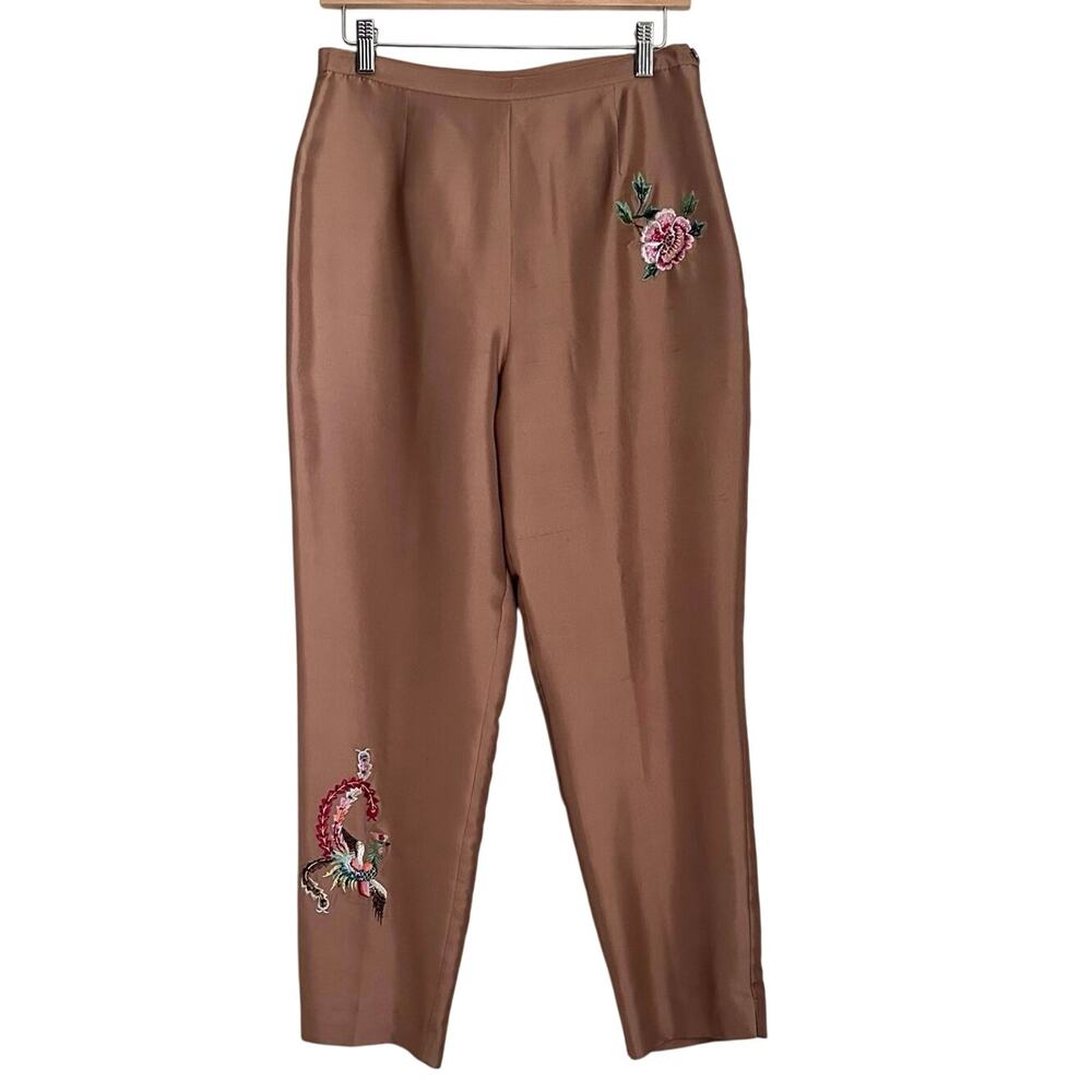 Vtg Silkland Petite 10 Brown 100% Silk Floral Embroidered Lined Pants High Rise